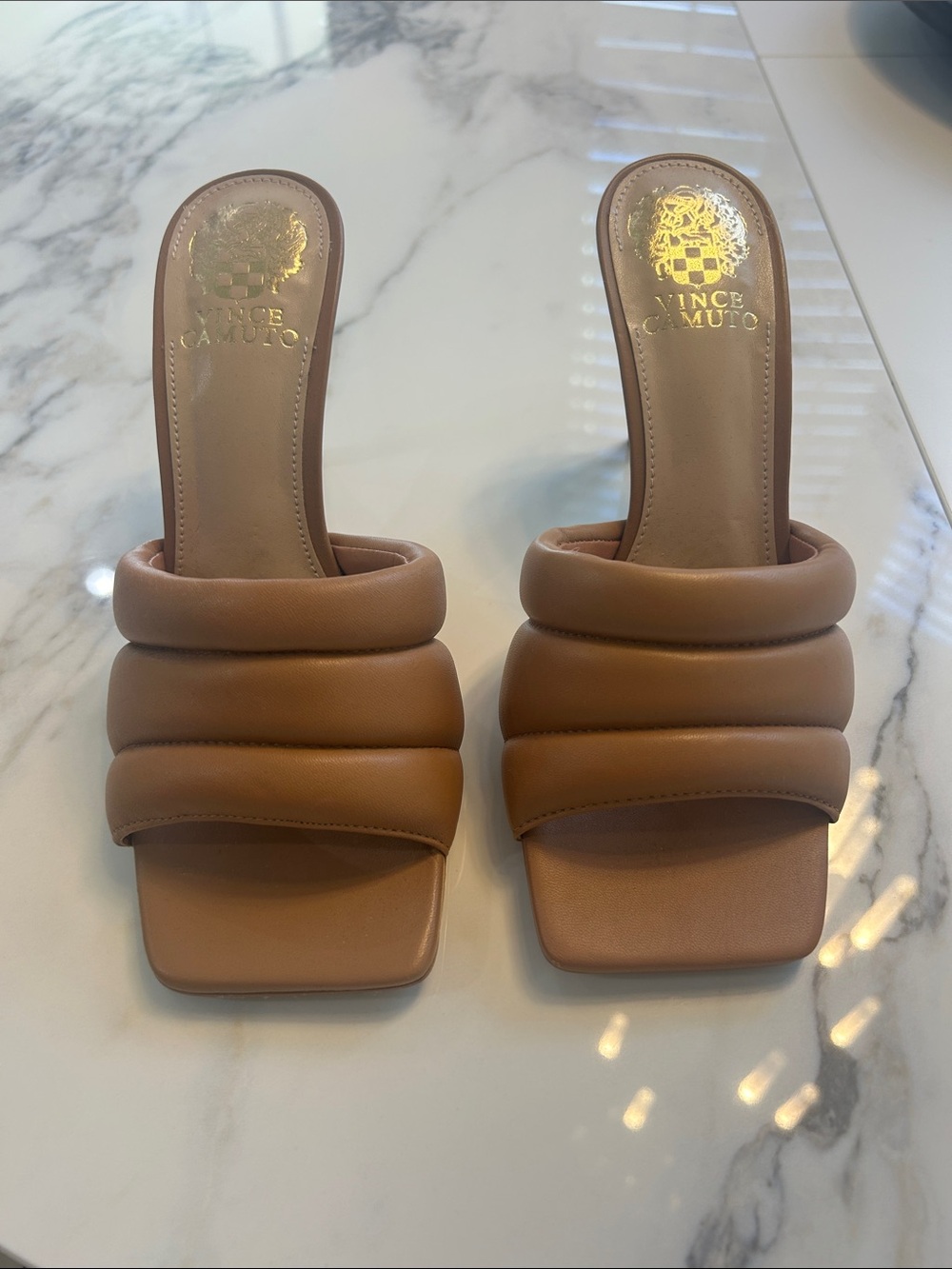 Vince Camuto Padded Square-Toe Heeled Slides in Tan